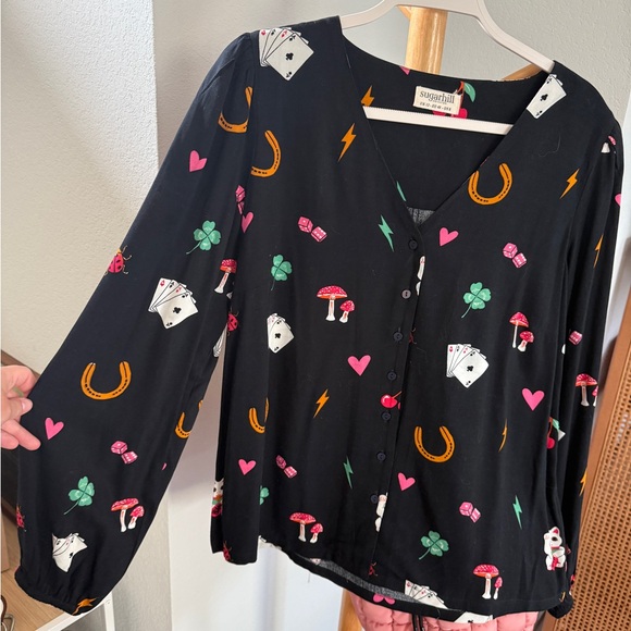 Black Button-Up Shirt with Colorful Print - Picture 1 of 4